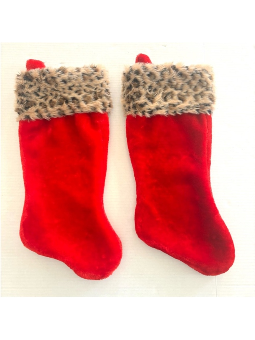 Faux‎ Fur Red Leopard Animal Trim Christmas stockings 19” NWOT